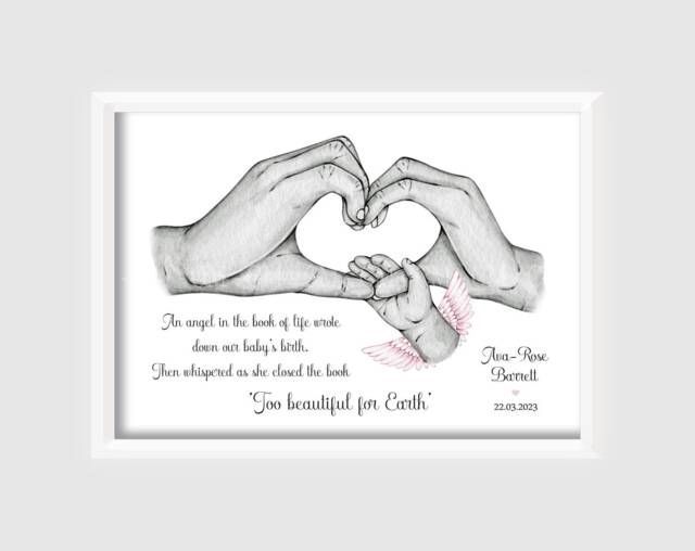 Personalised Family Print Birth Hands Baby Loss Angel Wings Unframed Stillbirth Bereavement - image 1
