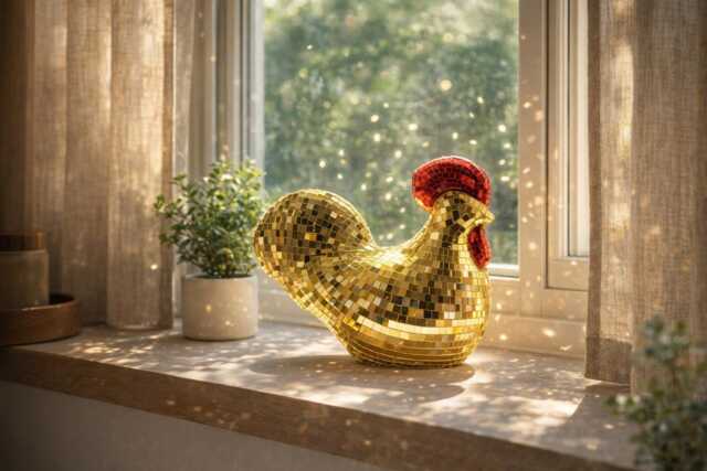 Golden Disco Chicken Mosaic Sculpture - Real Glass Mirror Tile Decor Mirrored Personalised Option - image 1
