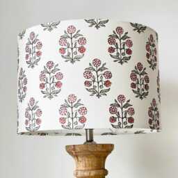 Last One - Floral Hand Block Print Inspired Drum Table Lampshade Ivory/Rose Pink - thumbnail 4