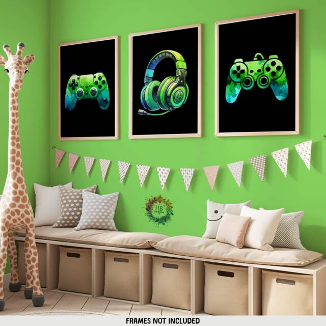 Neon Green Gamer Print Poster - Set Of 3 Gaming Prints - Game Bedroom Decor Gift For Gamers Room Video Wall Art - image 1