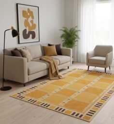 Handwoven Wool Kilim Rug Scandinavian Geometric Design, Customizable Mustard & Yellow Boho Decor Carpet - thumbnail 1