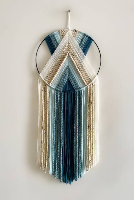 Blue Teal & Beige Beaded Yarn Hoop Wall Hanging With Black/Macrame Nursery Dorm Decor Modern Boho - image 1