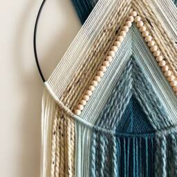 Blue Teal & Beige Beaded Yarn Hoop Wall Hanging With Black/Macrame Nursery Dorm Decor Modern Boho - thumbnail 3