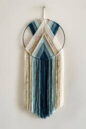 Blue Teal & Beige Beaded Yarn Hoop Wall Hanging With Black/Macrame Nursery Dorm Decor Modern Boho