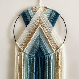 Blue Teal & Beige Beaded Yarn Hoop Wall Hanging With Black/Macrame Nursery Dorm Decor Modern Boho - thumbnail 2