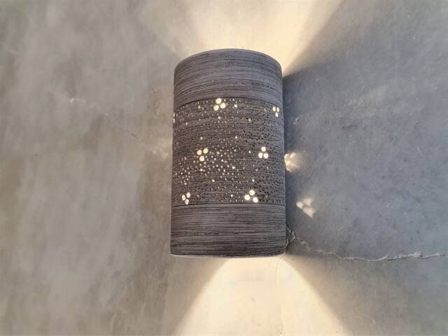 Handmade Ceramic Cylinder Wall Sconce Perforated Light Gray Lampshade - image 1