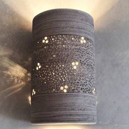 Handmade Ceramic Cylinder Wall Sconce Perforated Light Gray Lampshade - thumbnail 3