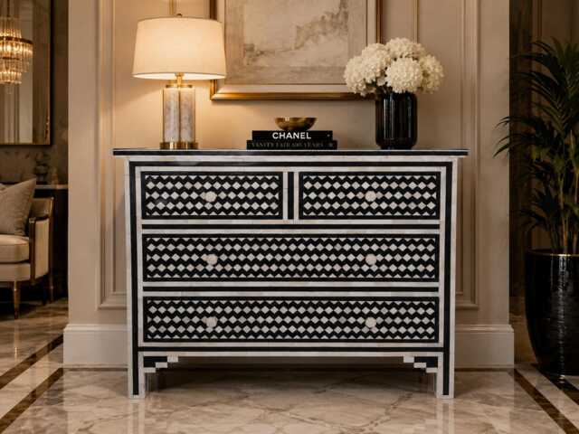 Designer Bone Inlay Dresser Black Geometric Pattern Chest Of 4 Drawers - image 1