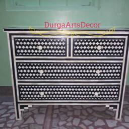 Designer Bone Inlay Dresser Black Geometric Pattern Chest Of 4 Drawers - thumbnail 4