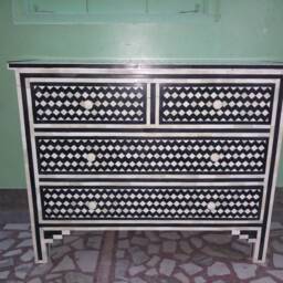Designer Bone Inlay Dresser Black Geometric Pattern Chest Of 4 Drawers - thumbnail 3