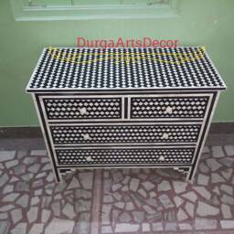 Designer Bone Inlay Dresser Black Geometric Pattern Chest Of 4 Drawers - thumbnail 2