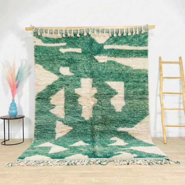 Moroccan Green Berber Rug, Handwoven Wool Shag Rug With Abstract Geometric Shapes, Authentic Beni Ourain Style Carpet, Large 9x12 Area - image 1