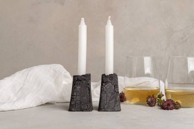 Ceramic Black Candlestick Holders Set, Handmade Eclectic Pottery Candle Holder Housewarming Gift - image 1