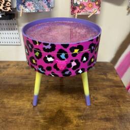 Hot Pink Leopard Round Bedside Table. Fun Bright Home Decor . Ideal For Nightstand Side Cheetah Print With Glitter, Yellow & Purple