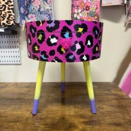Hot Pink Leopard Round Bedside Table. Fun Bright Home Decor . Ideal For Nightstand Side Cheetah Print With Glitter, Yellow & Purple - thumbnail 2
