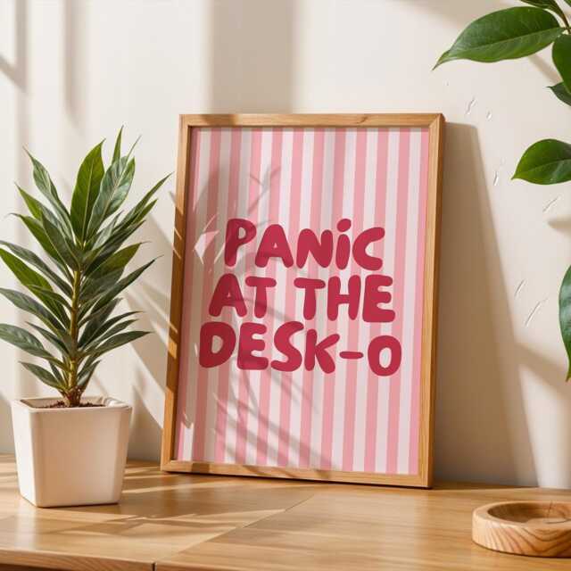 Panic At The Desk-O Art Print, Funny Office Poster, Work From Home Wall Art, Pink & Rose Red Striped Decor - image 1