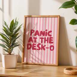 Panic At The Desk-O Art Print, Funny Office Poster, Work From Home Wall Art, Pink & Rose Red Striped Decor - thumbnail 1