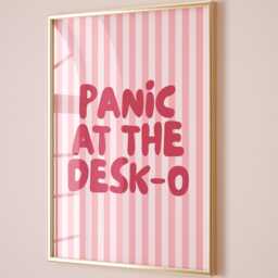 Panic At The Desk-O Art Print, Funny Office Poster, Work From Home Wall Art, Pink & Rose Red Striped Decor - thumbnail 3
