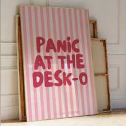 Panic At The Desk-O Art Print, Funny Office Poster, Work From Home Wall Art, Pink & Rose Red Striped Decor - thumbnail 2