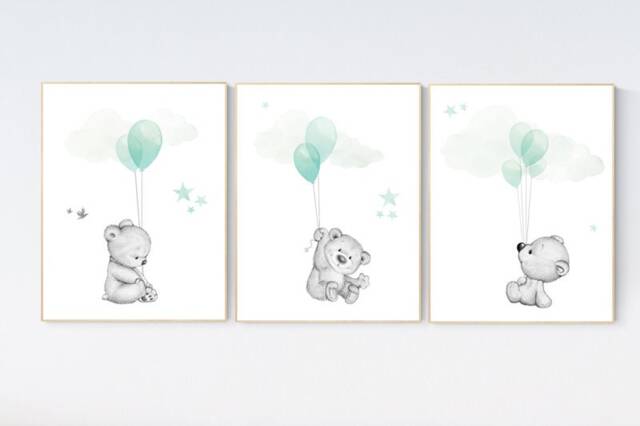 Bear Nursery Print Mint Green Balloons, Animals Wall Art - image 1