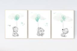 Bear Nursery Print Mint Green Balloons, Animals Wall Art - thumbnail 1