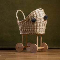 Wicker Willow White Baby Carriage Doll Stroller Pram High Exclusive Eco Toy For Kids 1St Birthday Gift Natural - thumbnail 3