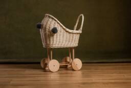 Wicker Willow White Baby Carriage Doll Stroller Pram High Exclusive Eco Toy For Kids 1St Birthday Gift Natural - thumbnail 1