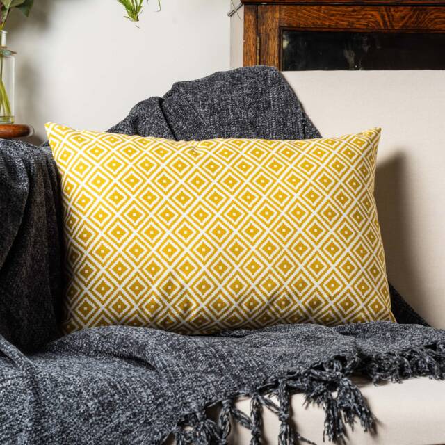 Scandi Geometric Ikat Boudoir Cushion in Ochre Yellow. Double Sided. Modern Printed Diamond Pattern Mustard Yellow & White. 17x12 - image 1