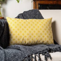 Scandi Geometric Ikat Boudoir Cushion in Ochre Yellow. Double Sided. Modern Printed Diamond Pattern Mustard Yellow & White. 17x12