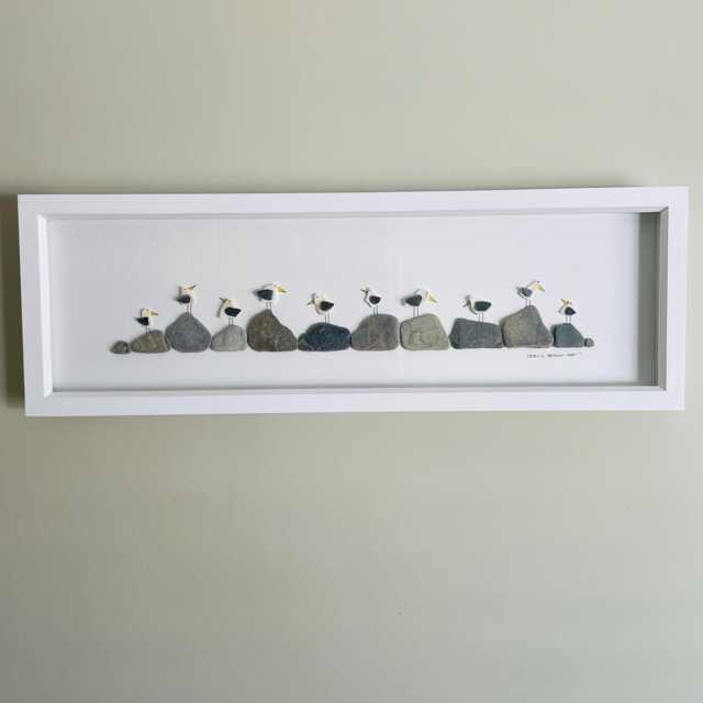 Quirky Cornish Seagulls On Pebbles Framed Panoramic Picture Coastal Home Decor Handmade in Cornwall - image 1