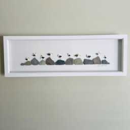 Quirky Cornish Seagulls On Pebbles Framed Panoramic Picture Coastal Home Decor Handmade in Cornwall - thumbnail 1