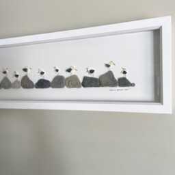 Quirky Cornish Seagulls On Pebbles Framed Panoramic Picture Coastal Home Decor Handmade in Cornwall - thumbnail 3