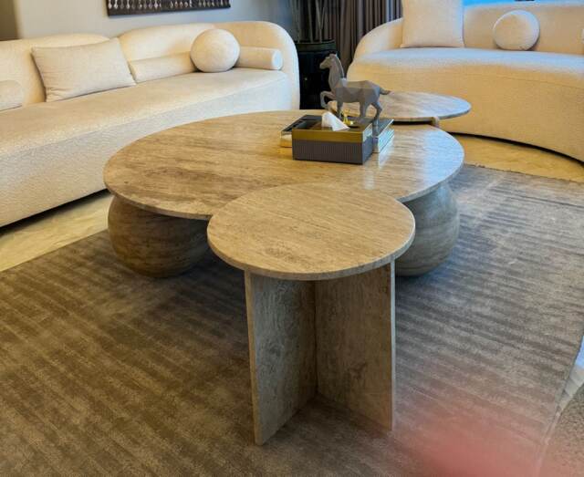 Travertine Nesting Coffee Tables Sculptural Set Of Three, Modern Marble For Living Room - image 1