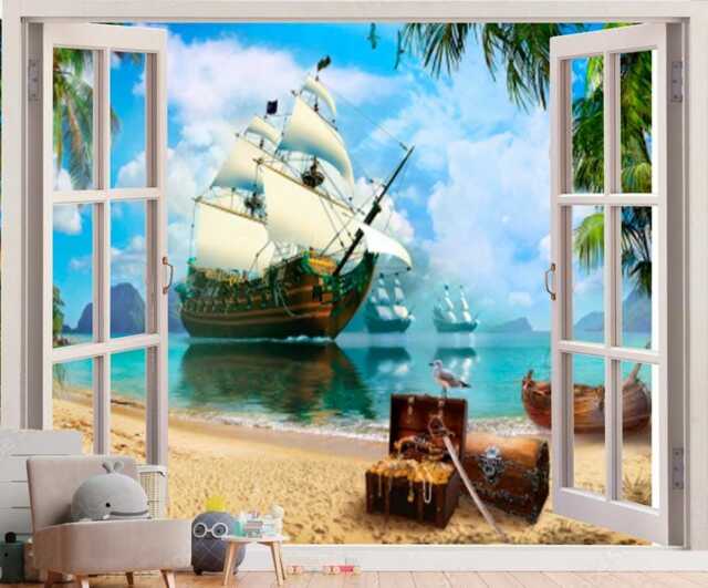 Pirate Ship Wall Mural For A Boy Treasure Island Wallpaper Boy Room Sticker Wall Nursery Photo Mural Peal & Stick Customizable - image 1