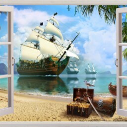 Pirate Ship Wall Mural For A Boy Treasure Island Wallpaper Boy Room Sticker Wall Nursery Photo Mural Peal & Stick Customizable - thumbnail 2