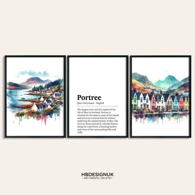 Portree Print Set - Of 3 Watercolour Posters - Isle Skye Travel Prints Scottish Islands Poster UK Wall Art Artwork Decor - image 1