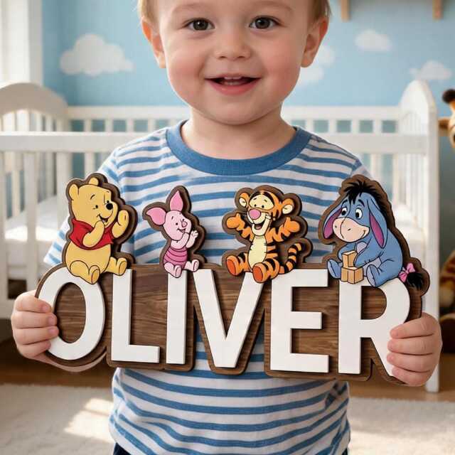 Personalized Winnie The Pooh Name Sign, Custom Wooden Nursery Wall Decor, Baby Plaque, 3D Art, Kids Room Art - image 1