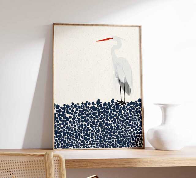 Snowy Egret Art Print, Minimalist Heron Coastal Bird Poster, Modern Wall Art, Nautical Wildlife Decor, Scandinavian Decor - image 1