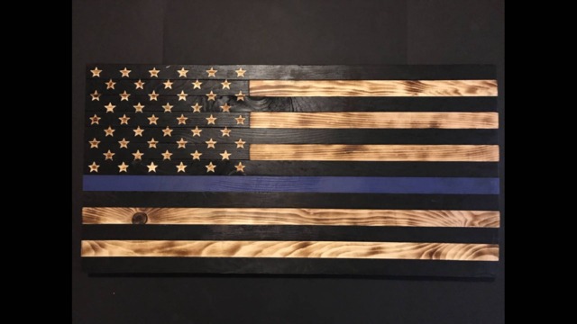 Wooden Blue Line Flag, Customizable Wood Burned Flag, Rustic Flag Sign, Gift, Charred Law Enforcement Wall Decor - image 1