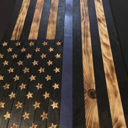 Wooden Blue Line Flag, Customizable Wood Burned Flag, Rustic Flag Sign, Gift, Charred Law Enforcement Wall Decor - thumbnail 3