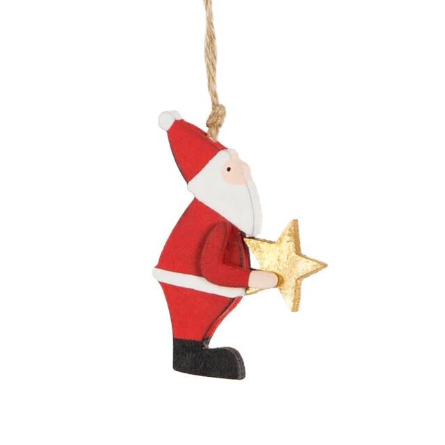 Santa Claus Holding Gold Star Wooden Hanging Christmas Decoration - Winter Festive Red White Fun Quirky Secret Kids Children Xmas Gift