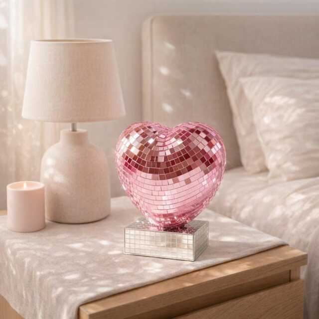 Heart Disco Ball Decor Ornament 17.5cm - Pink Or Red Mirror Mosaic Sculpture Romantic Home Personalised Option - image 1