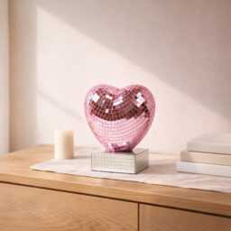 Heart Disco Ball Decor Ornament 17.5cm - Pink Or Red Mirror Mosaic Sculpture Romantic Home Personalised Option - thumbnail 3
