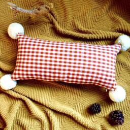 Handwoven Gingham Lumbar Pillow Bohemian Pom Accent - thumbnail 2