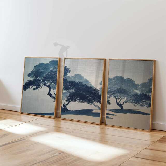 Japanese Pine Tree Wall Art Set Of 3 - Minimalist Ink Landscape Prints Blue Nature Artwork Zen Decor For Living Room - image 1