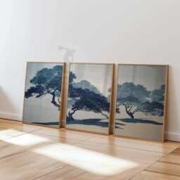 Japanese Pine Tree Wall Art Set Of 3 - Minimalist Ink Landscape Prints Blue Nature Artwork Zen Decor For Living Room - thumbnail 1