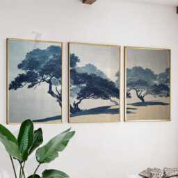 Japanese Pine Tree Wall Art Set Of 3 - Minimalist Ink Landscape Prints Blue Nature Artwork Zen Decor For Living Room - thumbnail 2
