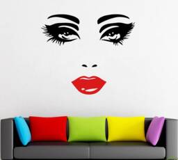 Woman Face Wall Decal Lashes & Red Lips, Beauty Salon Decor T667 - thumbnail 1