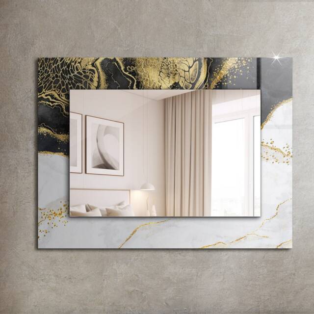 Abstract Gold Art Mirror, Rectangular Mirror With Frame, Gray Printed Decorative Wall For Entrance - image 1