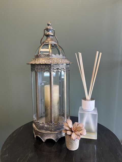 Tall Bronze Metal Lantern With Filigree Crown - Decorative Glass Candle Holder For Fireplace Or Hallway Styling - image 1